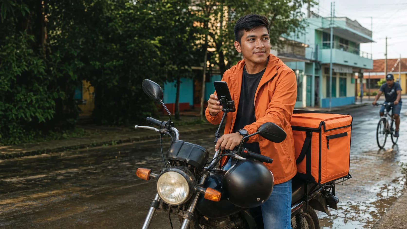 Repartidor preparando su moto para trabajar en Riberalta