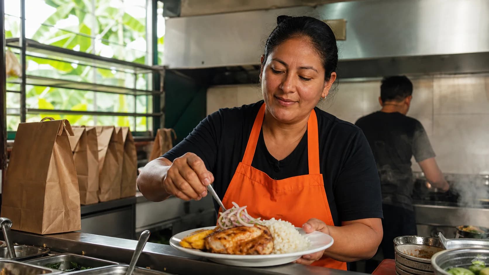 Dueña de restaurante preparando pedidos en Riberalta
