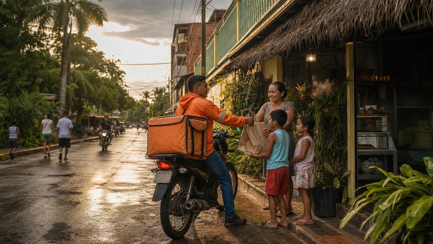 Un repartidor local entrega un pedido a una familia en una calle tropical de Riberalta